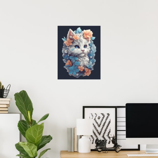 Poster Gato de Gato de Gato Floral Branco Bonito (Escritório em casa)