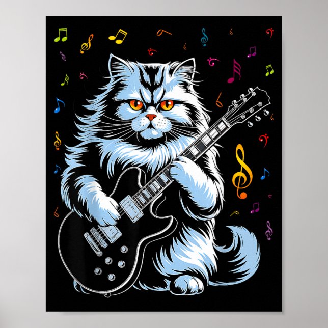 Poster Gato de Guitarra Engraçado Tocando Rock (Frente)