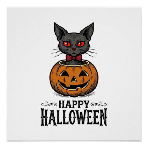 Pôster Gato de Halloween Abobora Fofo Vintage Assustador_