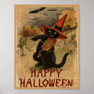 Poster Gato de Halloween Antigo Tocando Violino