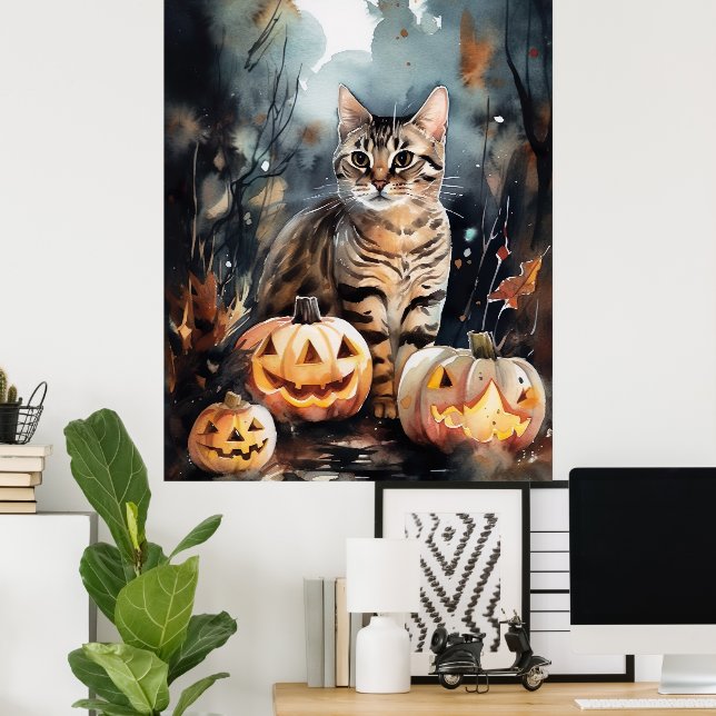 Poster Gato de Halloween Bengal com Pumpkins assustado (Escritório em casa)
