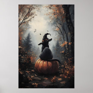 Poster Gato de Halloween, Chapéu de Bruxa, Abóbora, Gótic