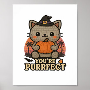 Poster Gato de Halloween de Kawaii com Abóbora, Gatinho d
