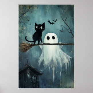 Poster Gato de Halloween e Espírito Voando na Broca
