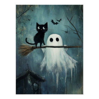 Pôster Gato de Halloween e Espírito Voando na Broca