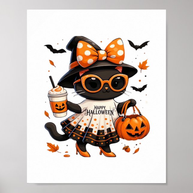 Poster Gato de Halloween Kawaii - Gato de Bruxas com Pump (Frente)