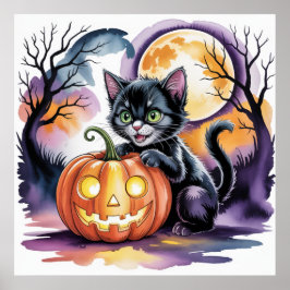 Poster Gato de Halloween Negro com Jack-O-Lanterna, Gato