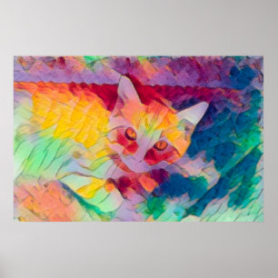 Poster Gato de Hippie Colorido Azul Amarelo