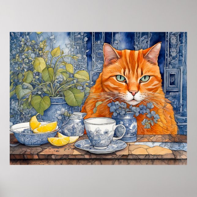 Poster Gato de Laranja Aquarela com Lemon Tea (Frente)