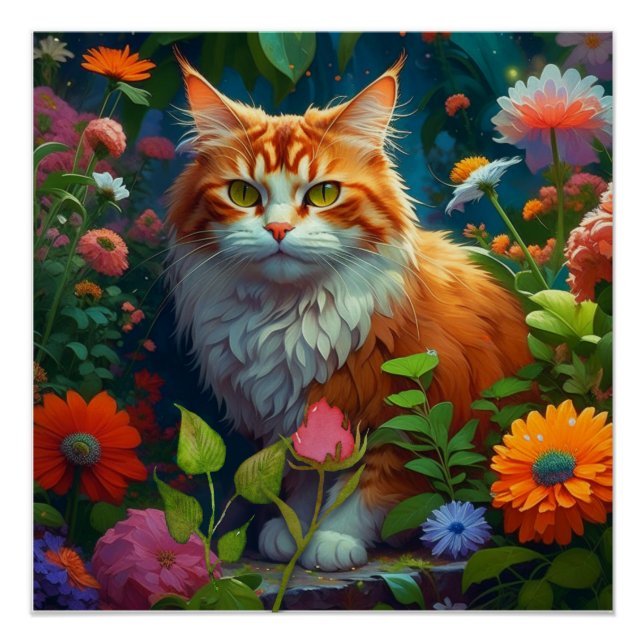 Pôster Gato de Laranja-Corte nas Flores (Frente)