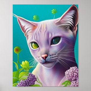 Poster Gato de Lilac Siamese em flores lilás em Teal