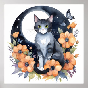 Poster Gato de Lua Floral Negro Elegante