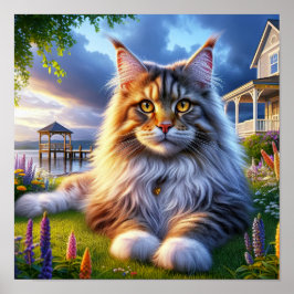 Poster Gato de Maine Coon descendo em um campo tranquilo