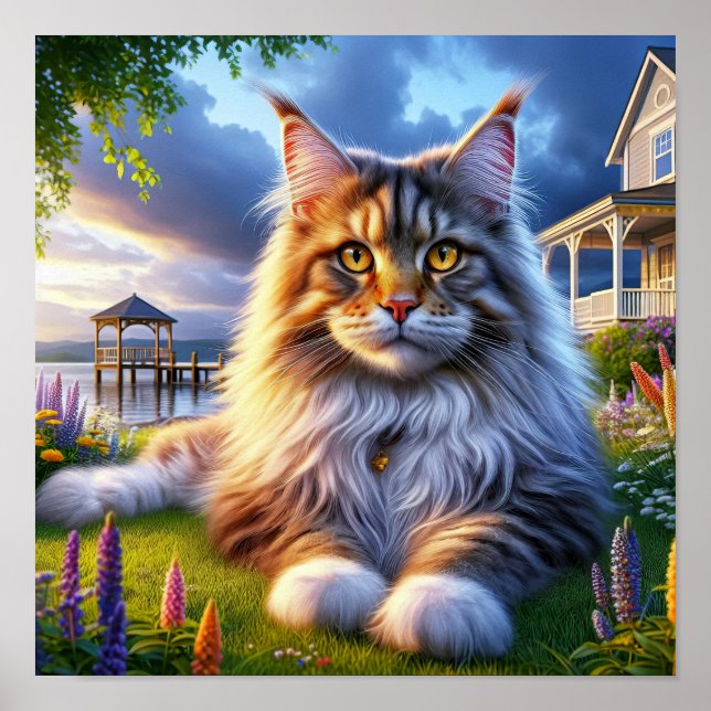 Poster Gato de Maine Coon descendo em um campo tranquilo (Frente)