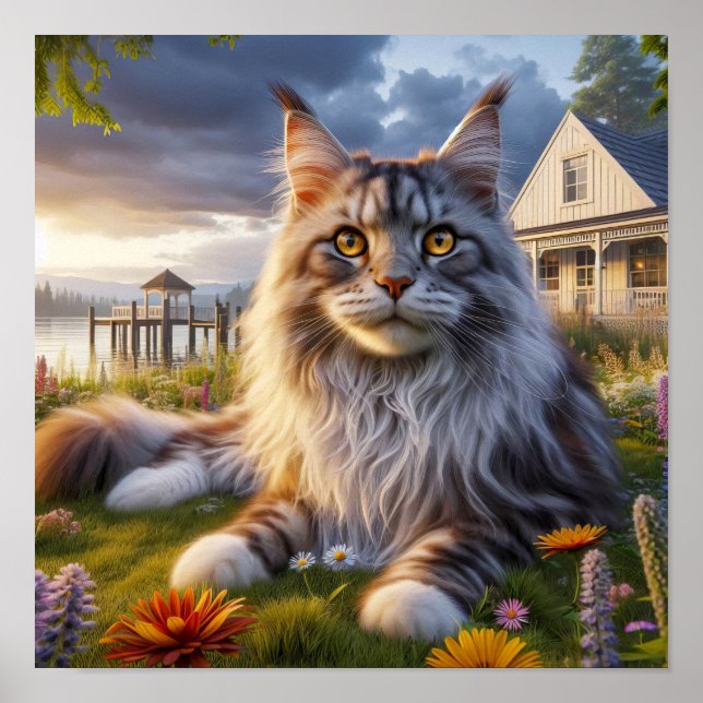 Poster Gato de Maine Coon descendo em um campo tranquilo (Frente)