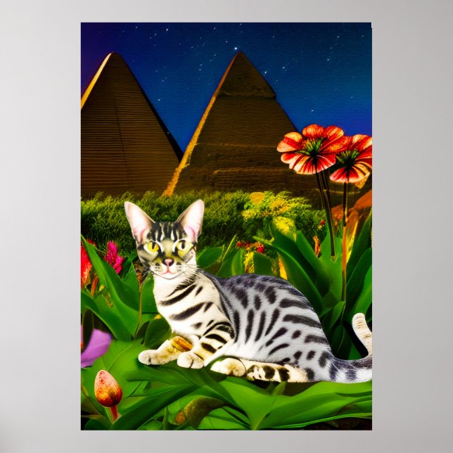 Poster Gato de Mau Egípcio em Jardim à Meia-Noite (Frente)