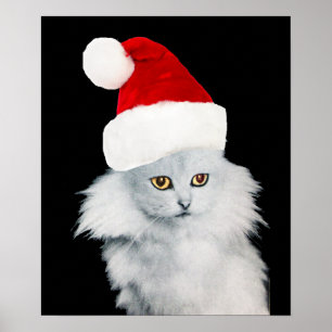 POSTER GATO DE NATAL BRANCO COM CHAPÉU DE SANTA CLAUS