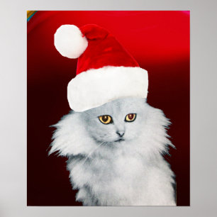 PÔSTER GATO DE NATAL BRANCO COM CHAPÉU SANTA CLAUS HAT, 