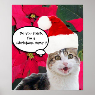 PÔSTER GATO DE NATAL COM CHAPÉU DE SANTA CLAUS E POINSET
