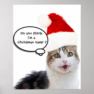 PÔSTER GATO DE NATAL COM CHAPÉU DO PAPAI NOEL