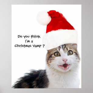 PÔSTER GATO DE NATAL COM CHAPÉU DO PAPAI NOEL