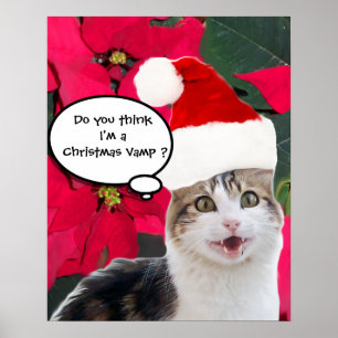 PÔSTER GATO DE NATAL COM CHAPÉU DO PAPAI NOEL E POINSETTI