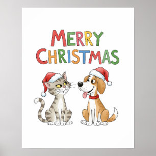 Poster Gato de Natal e Cachorro Bonitos com Chapéus Santa