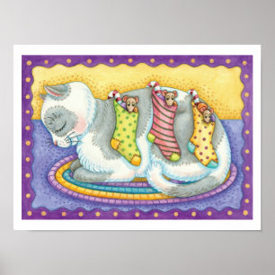 Poster Gato de Natal Fofo Dormindo com Ratos em Meias