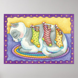 Poster Gato de Natal Fofo Dormindo com Ratos em Meias