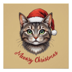 Pôster Gato de Natal Fofo Personalizado com Chapéu de Pap