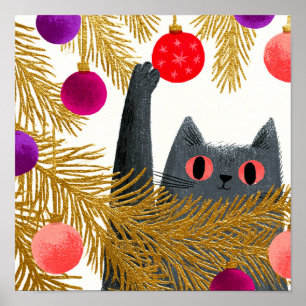 Poster Gato de Natal Fofo Vintage Árvore de Pinheiro Dour