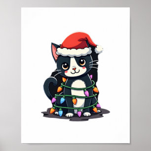 Poster Gato de Natal Tuxedo gato preto natal luzes gatinh
