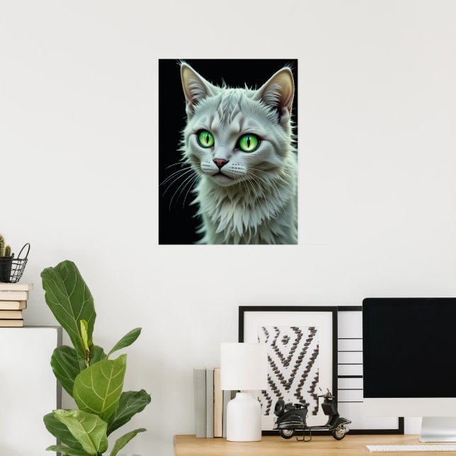 Poster Gato de Olho Verde Retrato Místico Gato Arte (Escritório em casa)