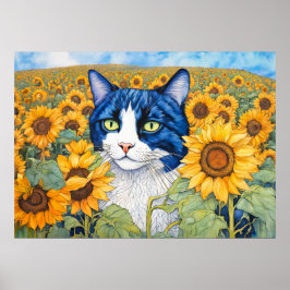 Poster Gato de Olhos Azuis de Aquarela em Girassóis