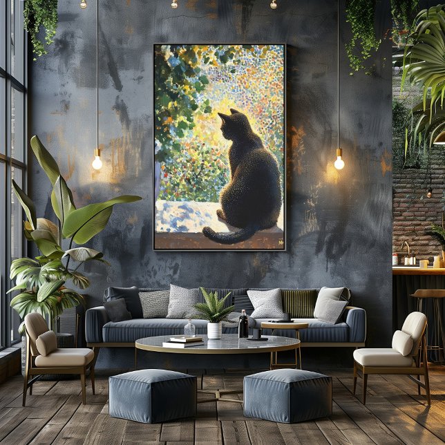 Poster Gato de Pointilismo em Windowsill à luz do sol (Criador carregado)