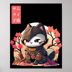 Poster Gato de Retro Kawaii Samurai com Árvore de Flor de