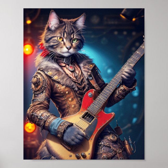 Poster Gato de rocha steampunk tocando guitarra em um pal (Frente)