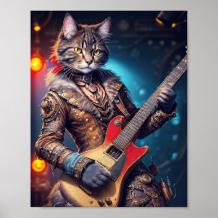 Poster Gato de rock steampunk tocando violão em um palco