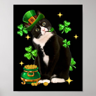 Poster Gato de Shamrock Irlandês de Tuxedo Cute de Dia de