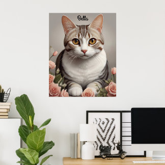 Poster Gato de Shorthair Americano espantoso com Rosa Del