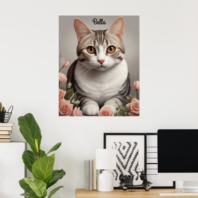 Poster Gato de Shorthair Americano espantoso com Rosa Del (Escritório em casa)