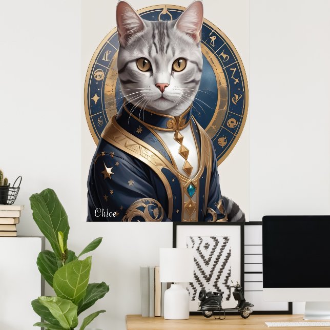 Poster Gato de Shorthair majestoso americano em azul e Do (Escritório em casa)