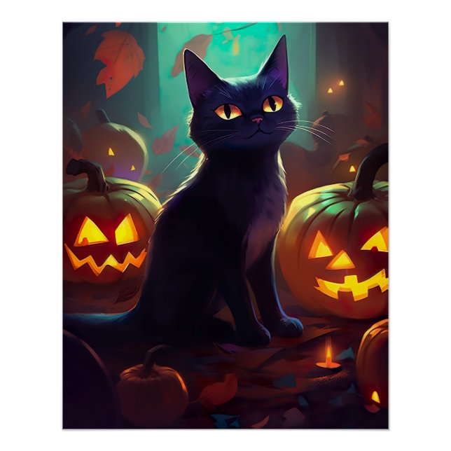 Pôster Gato de Smoking de Halloween com Abóboras Assustad (Frente)