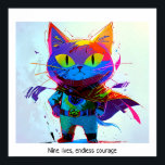 Poster Gato de Super Herói de Pop Art Colorida Editável<br><div class="desc">Esta imagem de um gato num uniforme de super-herói é criada no estilo colorido de pop art. A imagem inclui o ditado "Nove vidas,  coragem infinita",  que é personalizável. A imagem é de alta resolução 6953 x 6325 ppi. É descarregável.</div>