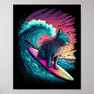 Poster Gato de Surf Vintage Anos 80 Vaporwave Synthwave R