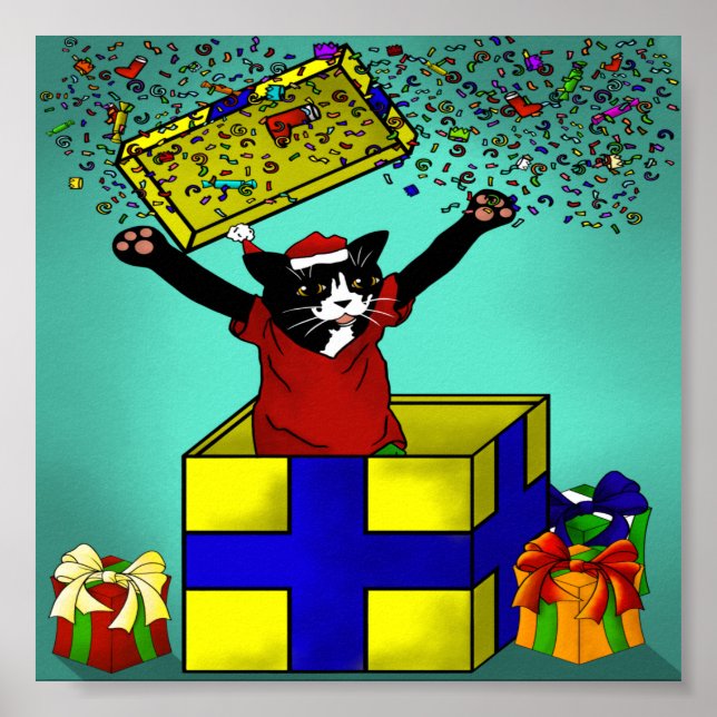 Poster Gato de Surpresa de Natal Presente (Frente)