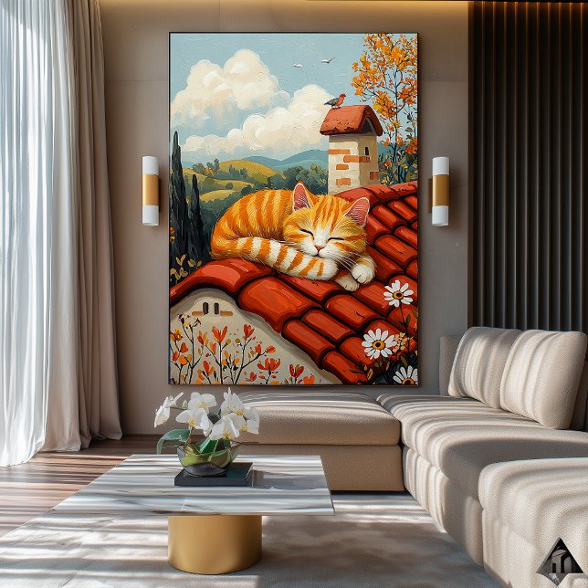 Poster Gato de Telhado Preguiçoso - Arte Naïf Cozy Countr (Criador carregado)