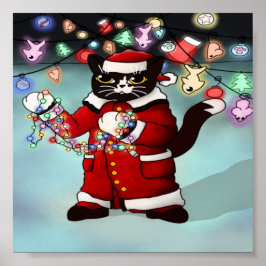 Poster Gato de Tuxedo Bonito das Luzes de Natal
