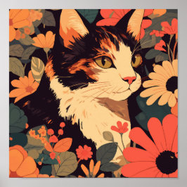 Poster Gato do Calico Elegante no Jardim Floral Matte