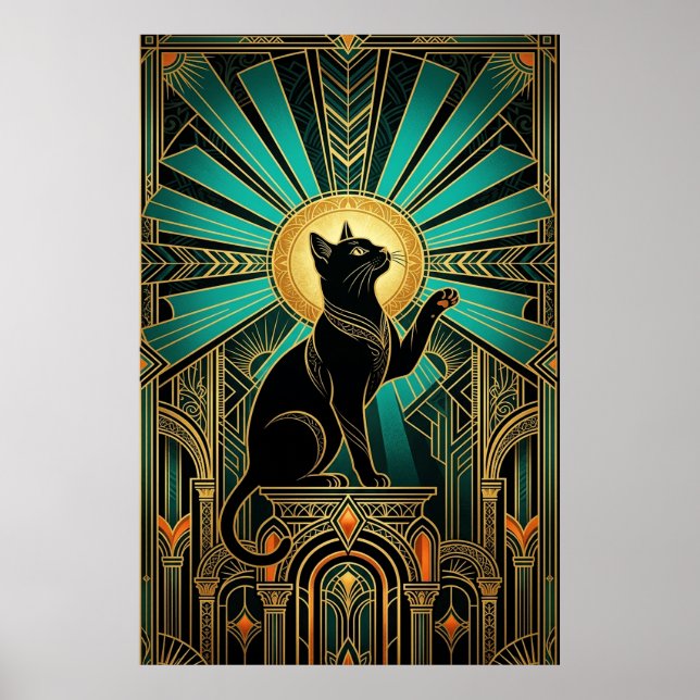 Poster Gato do Trono Esmeralda Art Deco com Auréola Esmer (Frente)